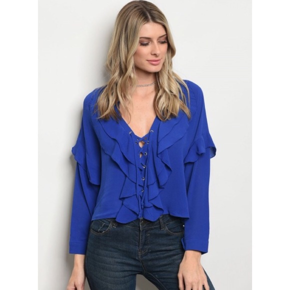 Latitudes_Btq Tops - Blue Ruffle Blouse